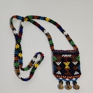 Handmade Multicolor Seed Beaded Necklace with Pouch Bells
